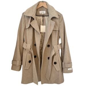 CALVIN KLEIN NWT Light Brown Button Up Belted Wrap Wool Coat – Size 10